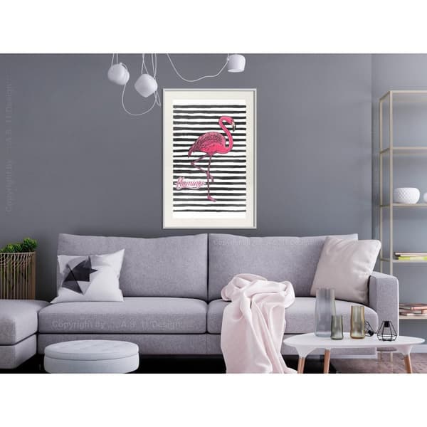 Inramad Poster / Tavla - Flamingo on Striped Background