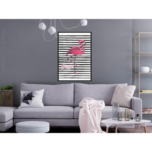 Inramad Poster / Tavla - Flamingo on Striped Background