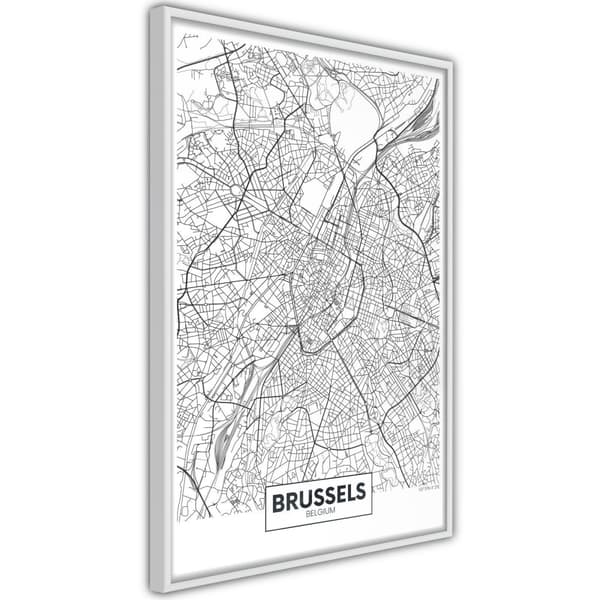 Inramad Poster / Tavla - City map: Brussels Vit ram 40x60
