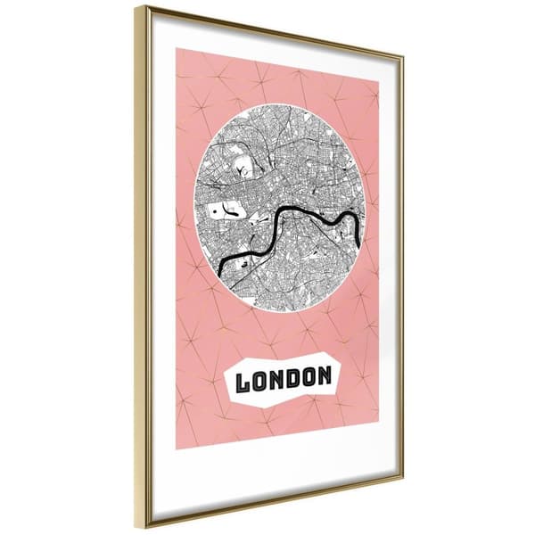 Inramad Poster / Tavla - City map: London (Pink) Guldram 20x30