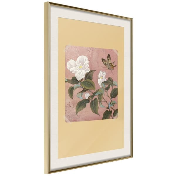 Inramad Poster / Tavla - Rhododendron and Butterfly Guldram med passepartout 40x60
