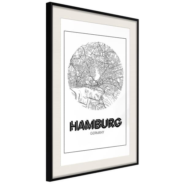 Inramad Poster / Tavla - City Map: Hamburg (Round) Svart ram med passepartout 30x45