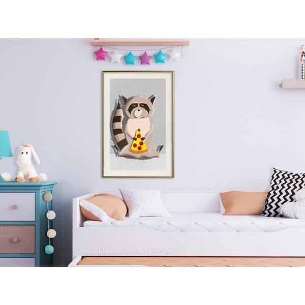 Inramad Poster / Tavla - Racoon Eating Pizza