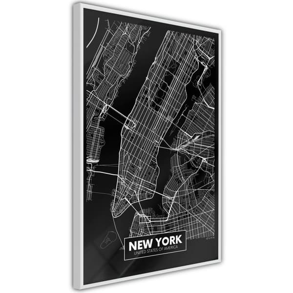 Inramad Poster / Tavla - City Map: New York (Dark) Vit ram 30x45