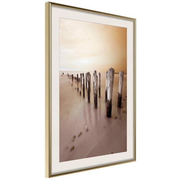 Inramad Poster / Tavla - Breakwater in Sepia Guldram med passepartout 20x30