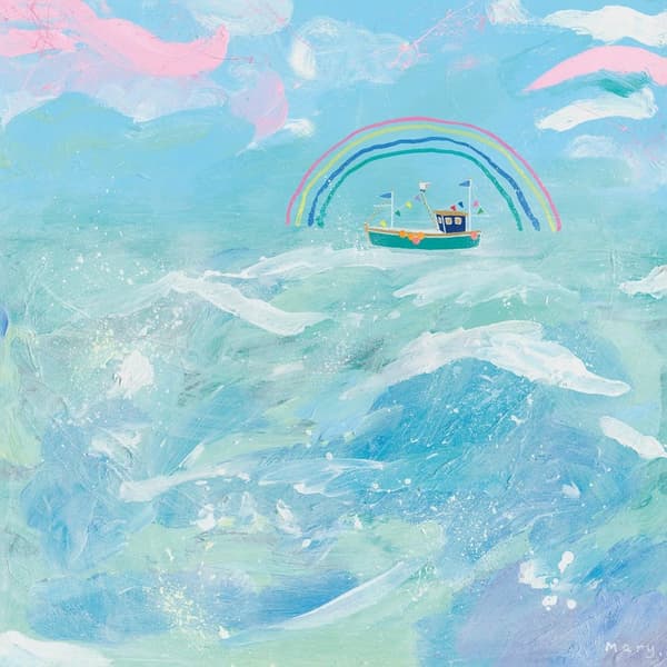 Mary Donald Fishing Boat Canvas Print Blue/Pink/White 30cm x 30cm