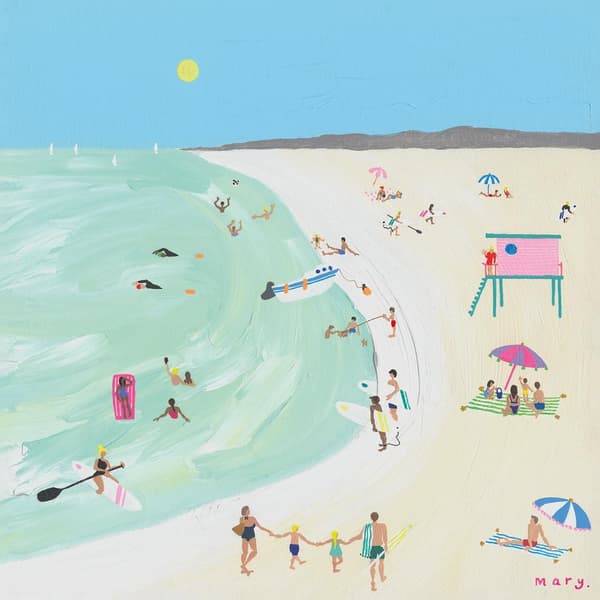 Mary Donald Hazy Beach Days Canvas Print Cream/Green/Blue 30cm x 30cm