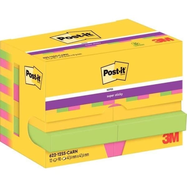 Set med 12 omplacerbara Post-it-block - Carnival Collection - 90 ark - 47,6 x 47,6 mm