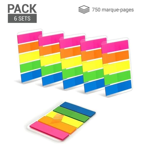 750 laminerade självhäftande bokmärken 6 fickor med 5 miniblock 4,5 x 1,2 cm flyttbara självhäftande transparenta neonfärger