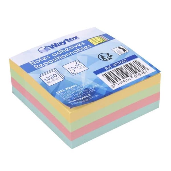 Klistret anteckningar - Noname - Block 320 ark - 75 x 75 mm - Pastellfärger - Återanvändbart lim