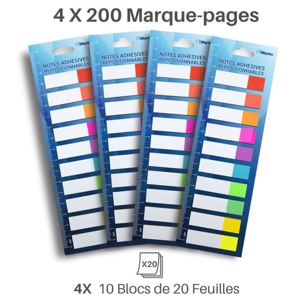 WAYTEX repositionerbara pappersbokmärken - 800 ark - 10 neonfärger - 4,5x1,2 cm