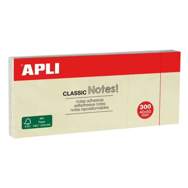 Skrivblock - APLI - 3 Block med 100 Blad - 38x51 mm - Gul - Återställbara