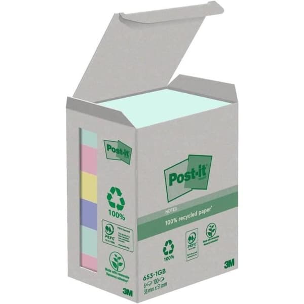 Självhäftande anteckningsblock - POST-IT - Återvinning - 38 x 51 mm - 100 ark - 6 olika färger