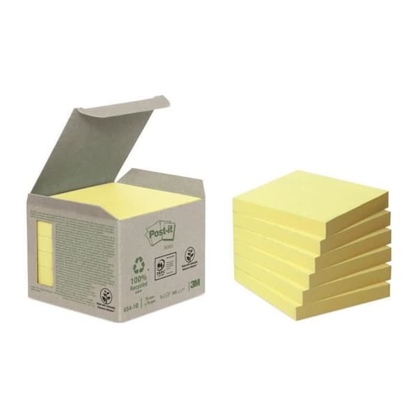 Post-It återvunna gula omplacerbara sedlar 76 x 76 mm - i dispensertorn - block med 100 ark - Set med 6
