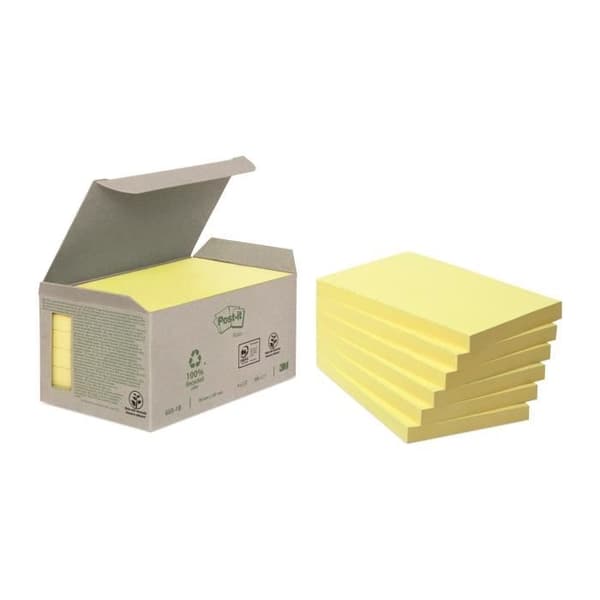 Återvunna gula omplacerbara sedlar Post-It 76 x 127 mm - i dispensertorn - block med 100 ark - Paket med 12