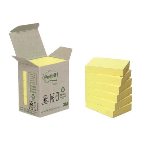 Post-It återvunna gula repositionerbara sedlar 38 x 51 mm - i dispensertorn - block med 100 ark - Set med 6