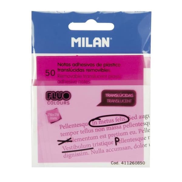 Block med 50 genomskinliga repositionerbara självhäftande anteckningar Fluorescerande rosa 76 x 76 mm