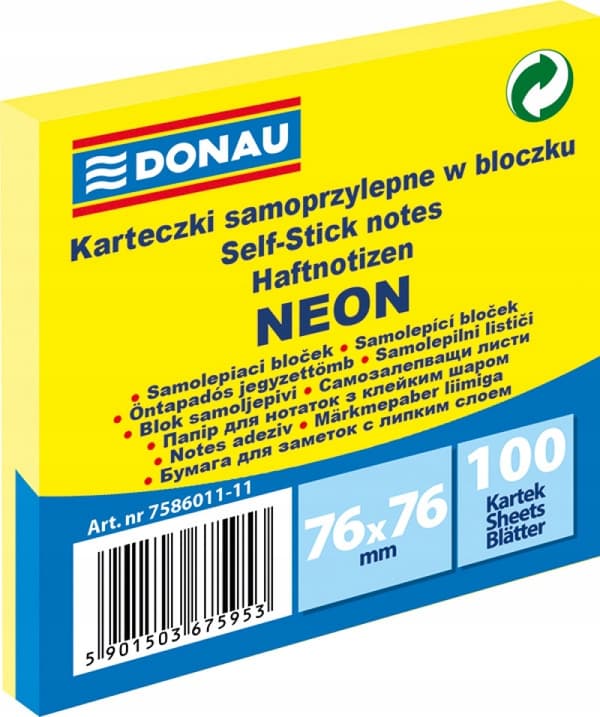 Donau självhäftande bärbar dator 76x76mm /100k/ Yellow Neon 7586011-11
