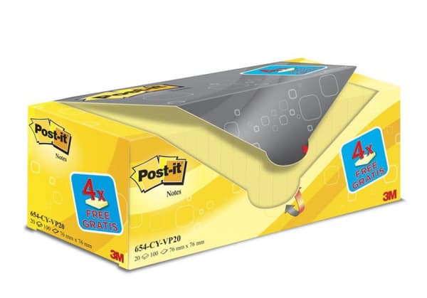 POST-IT® KLISTERMÄRKNINGAR (654CY-VP20), 76X76MM, (16+4)X100 PART