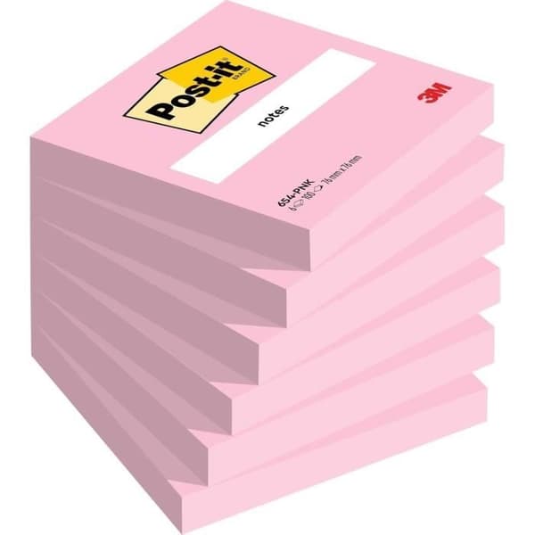Klistret anteckningsblock - POST-IT - 76 x 76 mm - Flamingorosa - 100 blad - Paket med 6 block