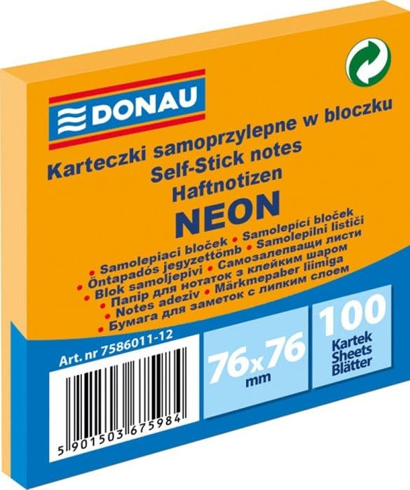 "Carnet autocollant Donau 76 x 76 mm / 100 kB / Orange fluo 7586011-12"