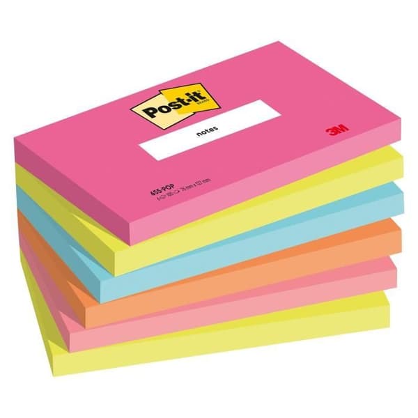 Flytbara anteckningar Poptimistiska Post-it-färger 76 x 127 mm - block med 100 ark - Paket med 12 - assorterad