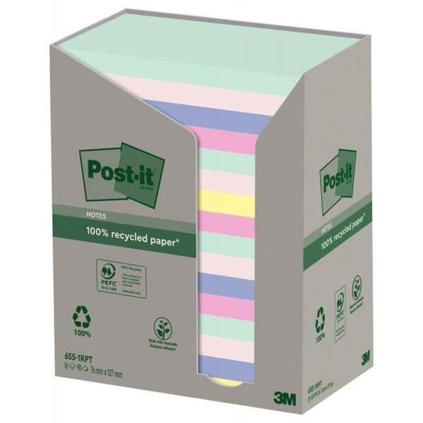 Utmatningstorn med 16 omplacerbara kuddar 100 Post-it återvunna ark i olika färger 76 x 127 mm
