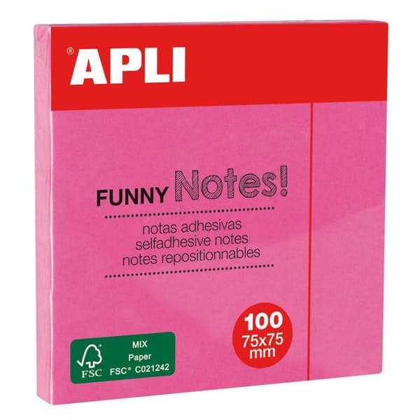 Sticky notes - Fluorescerande rosa - 7,5x7,5cm - Självhäftande - Anteckningar - Apli