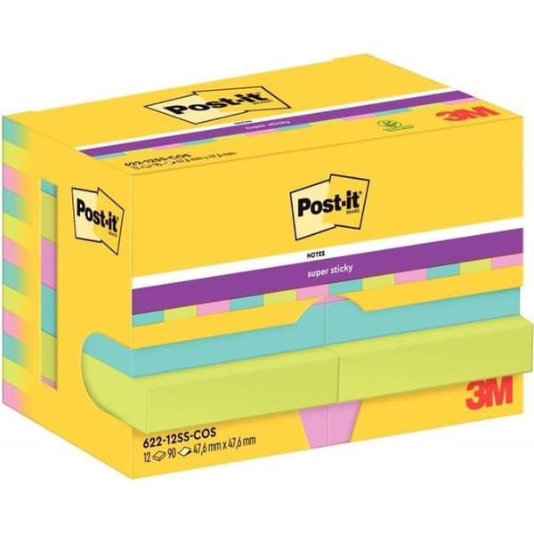 Set med 12 flyttbara kuddar 90 ark Post-it Super Sticky-kollektion Cosmic 47,6 x 47,6 mm