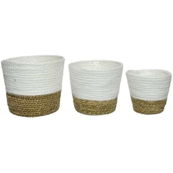 Set med 3 flätade blomkrukor - KSD - 13 till 20 cm - Bohemisk stil - Naturlig vit - Inomhus och utomhus