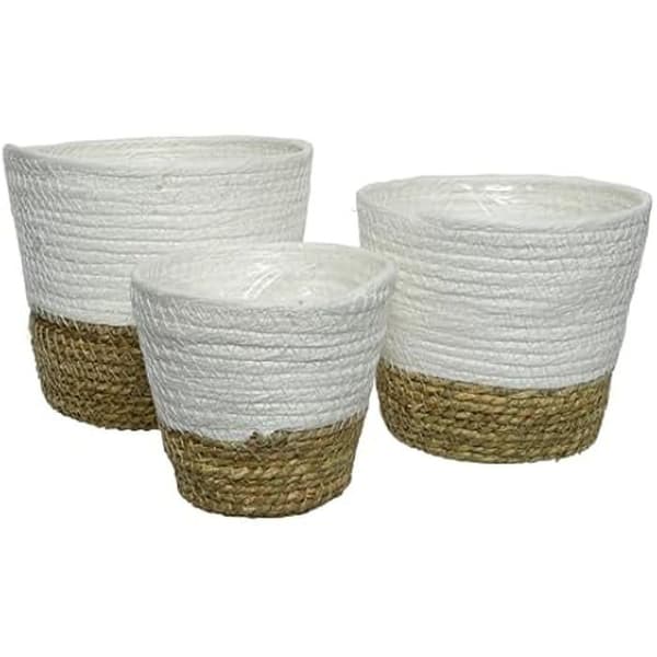Set med 3 flätade blomkrukor - KSD - 13 till 20 cm - Bohemisk stil - Naturlig vit - Inomhus och utomhus