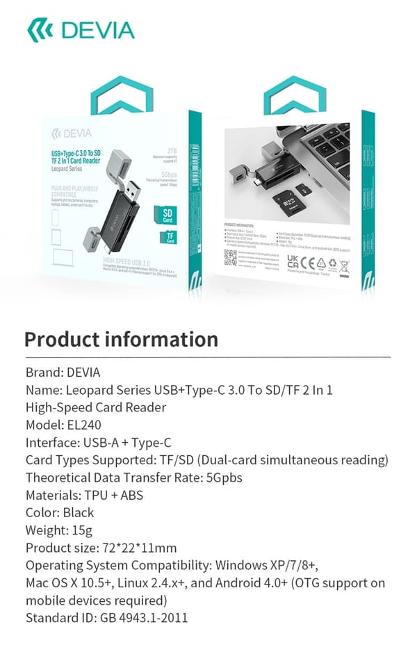 Devia Leopard Series USB+Type-C 3.0 till SD/TF 2-i-1 Höghastighets Kortläsare card reader