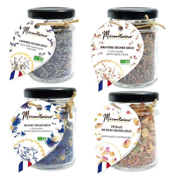 4 ätbara torkade blommor för bakning - Lavendel, ros, blåklint, hedbjörk