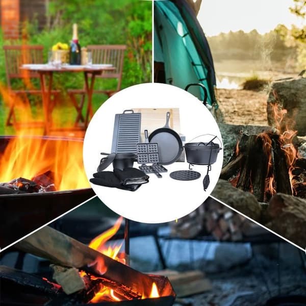 Holländsk ugnssats - XMTECH - 11 delar - Gjutjärn - Trälåda - Idealisk för camping och grillning