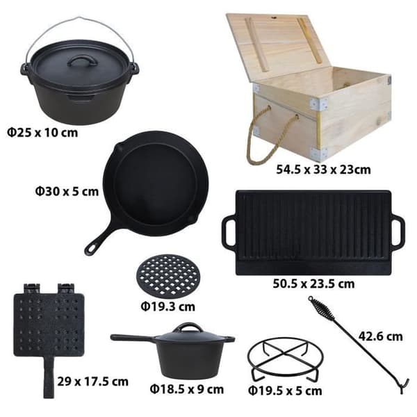 Holländsk ugnssats - XMTECH - 11 delar - Gjutjärn - Trälåda - Idealisk för camping och grillning