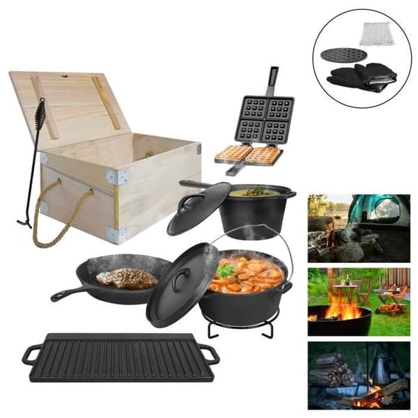 Holländsk ugnssats - XMTECH - 11 delar - Gjutjärn - Trälåda - Idealisk för camping och grillning