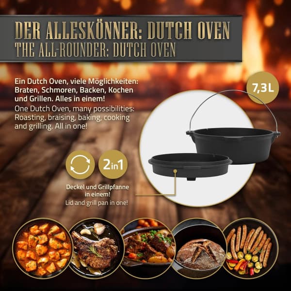 Uunisetti BBQ 7.3L musta valurauta, jossa kannen nostin ja ritilä BBQ#BOSS