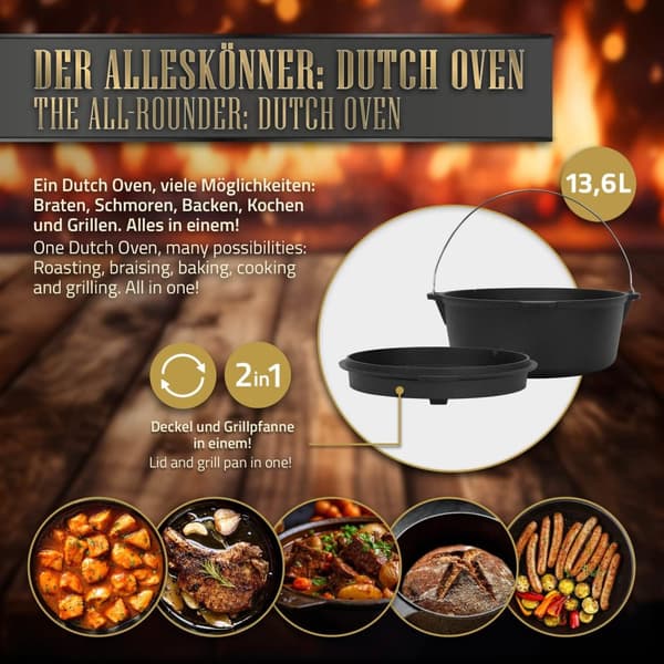 BBQ 13.6L musta valurauta, jossa on kannen nostin ja ritilä BBQ#BOSS