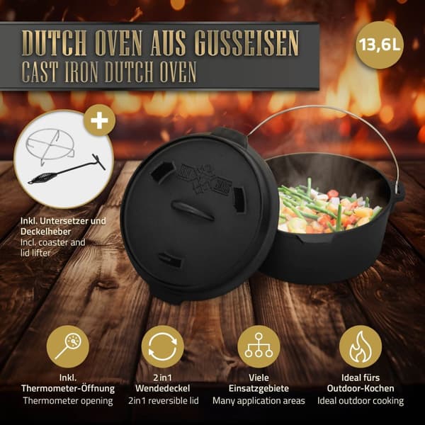 BBQ 13.6L musta valurauta, jossa on kannen nostin ja ritilä BBQ#BOSS