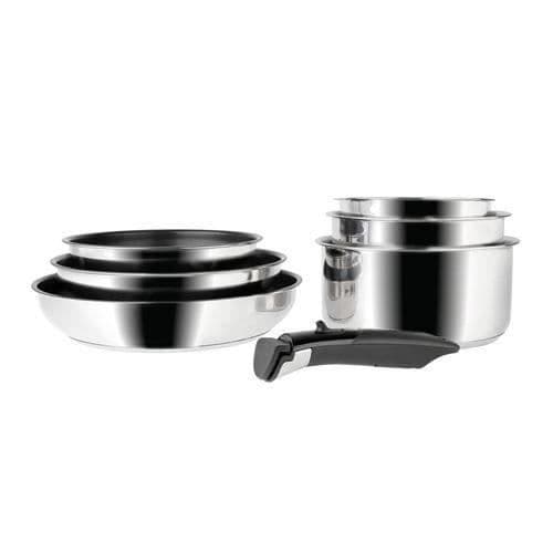 Sitram Set med 7 ARPEGE INOX-bitar: 3 belagda stekpannor Ø20-24-28, 3 kastruller Ø16-18-20 cm, 1 avtagbart handtag -
