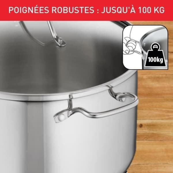 TEFAL Intuition XL Stockpot 36 L cm rostfritt stål + glaslock, Kapacitet 17,5 L, Induktion, 18/10 rostfritt stål, Robusta handtag B86