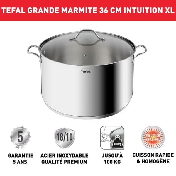 TEFAL Intuition XL Stockpot 36 L cm rostfritt stål + glaslock, Kapacitet 17,5 L, Induktion, 18/10 rostfritt stål, Robusta handtag B86