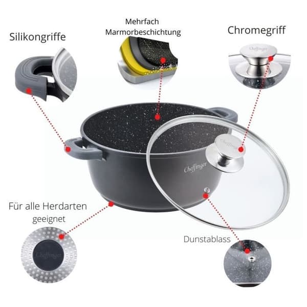 Gryta 24cm 3,7 liter alla värmekällor + induktion Tål ugn och diskmaskin... non-stick marmor med lock