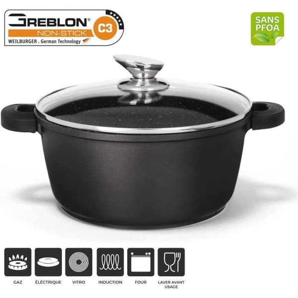Gryta 24cm 3,7 liter alla värmekällor + induktion Tål ugn och diskmaskin... non-stick marmor med lock
