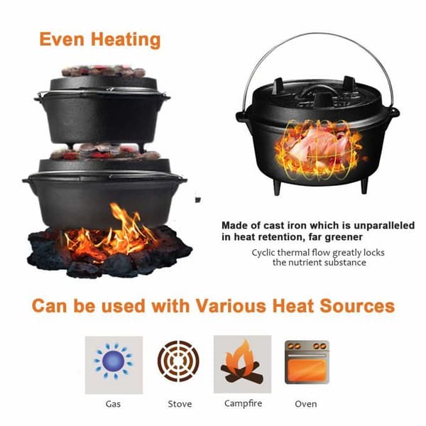 Overmont - Dutch Oven-M - Dutch Oven Holländsk ugn Gjutjärnsgryta med locklyftare för camping, grillmatlagning