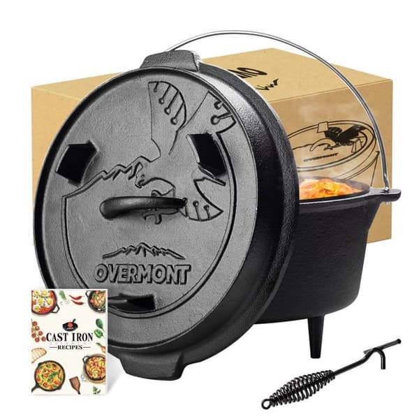 Overmont - Dutch Oven-M - Dutch Oven Holländsk ugn Gjutjärnsgryta med locklyftare för camping, grillmatlagning