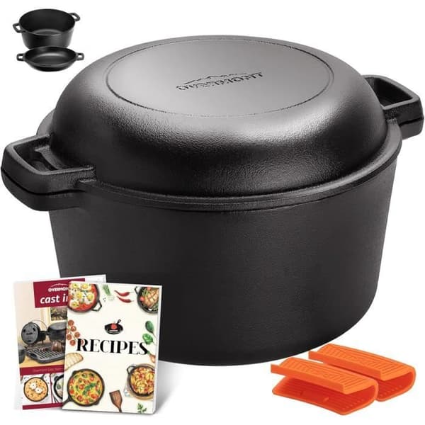 Overmont Dutch Oven Gryta och Fonte Marmite Fonte Four Néerlandais Dubbel Funktion med Lock med Silikonhandtag för Matlagning