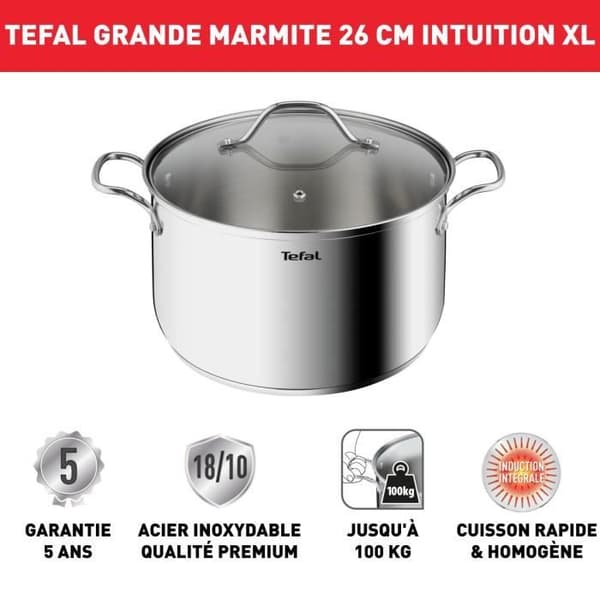 TEFAL Intuition XL Stockpot 26 L cm rostfritt stål + glaslock, Kapacitet 6,5 L, Induktion, 18/10 rostfritt stål, Robusta handtag B864
