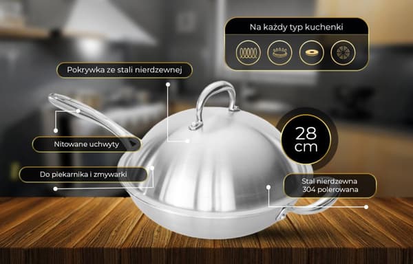 Shiori WOK-pande i rustfrit stål 304, 28 cm x 8,20 cm, induktion