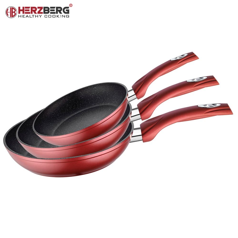 Herzberg 3 delar smidda aluminium stekpanna set 20/24/28 Burgundy